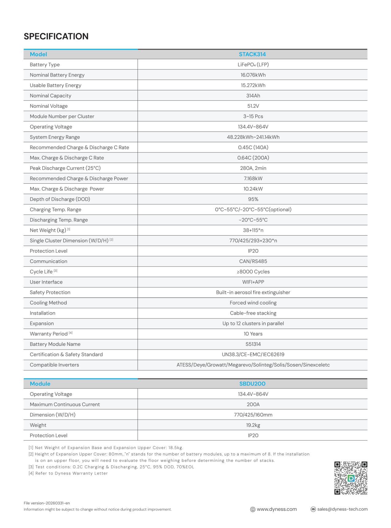 Datasheet Dyness STACK314 48kWh - 241kWh