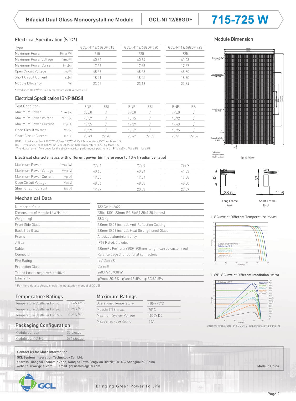 Datasheet pin mặt trời GCL 715W